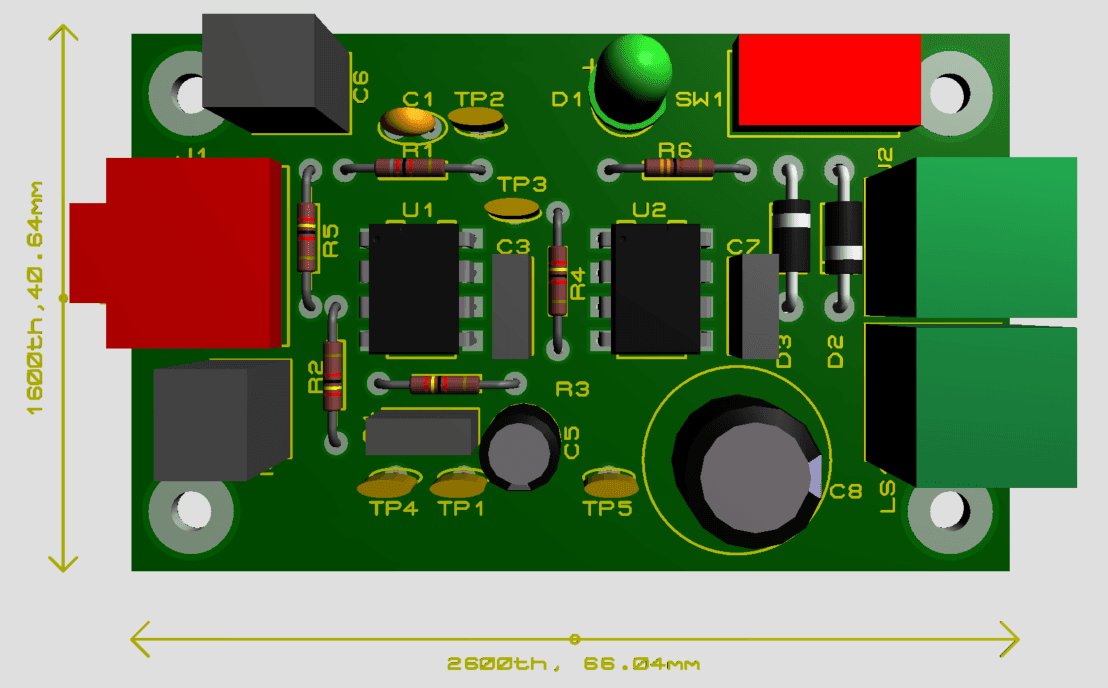 Three-dimensional model of the PCB generated in Proteus 3D Visualiser