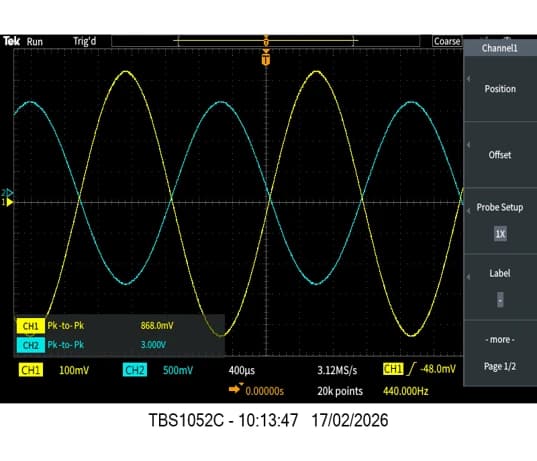 Stage 1 oscilloscope output at 440 Hz on PCB