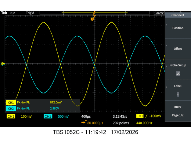 Stage 2 oscilloscope output at 440 Hz on PCB