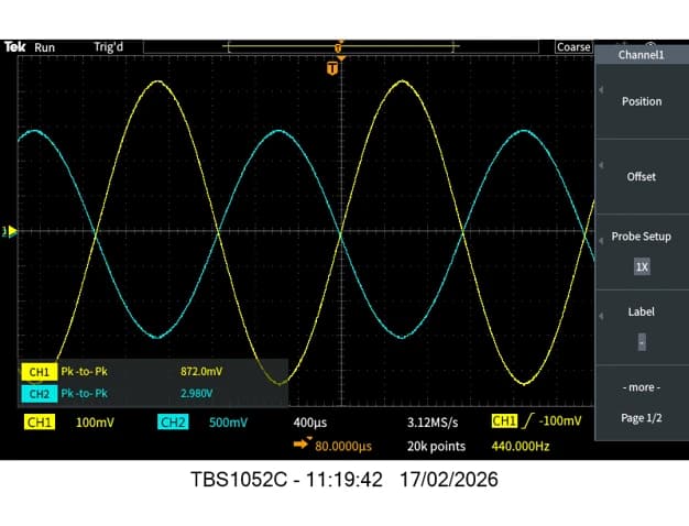 Stage 2 oscilloscope output at 440 Hz on PCB