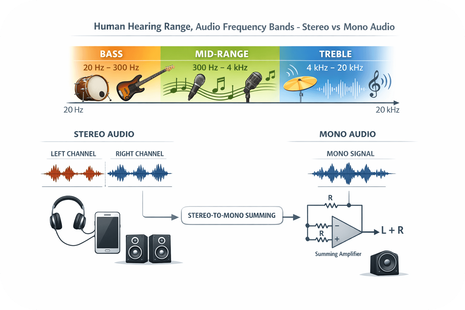 Human hearing range showing the audible frequency spectrum from 20 Hz to 20 kHz