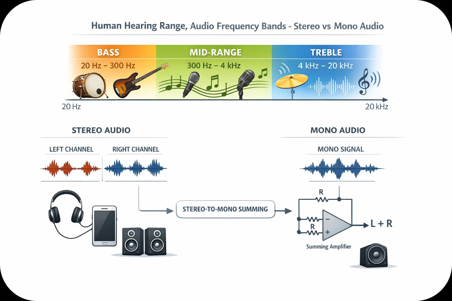 Human hearing range showing the audible frequency spectrum from 20 Hz to 20 kHz