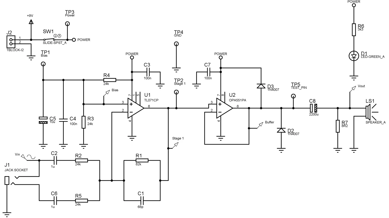 Full circuit schematic of the two-stage audio amplifier exported from Proteus